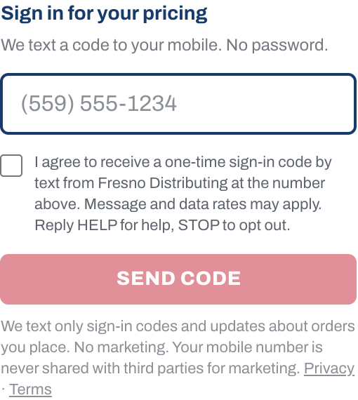 The sign-in form: a mobile number field, an unchecked consent checkbox agreeing to receive a one-time sign-in code with STOP, HELP and rate language, and a Send code button that stays disabled until the box is ticked