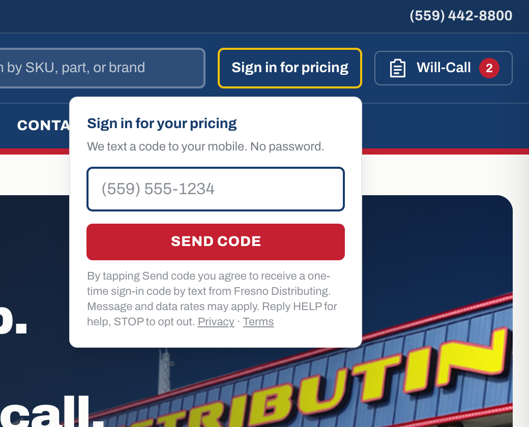 The sign-in form: a mobile number field, a Send code button, and the consent disclosure with STOP, HELP, and rate language beneath it
