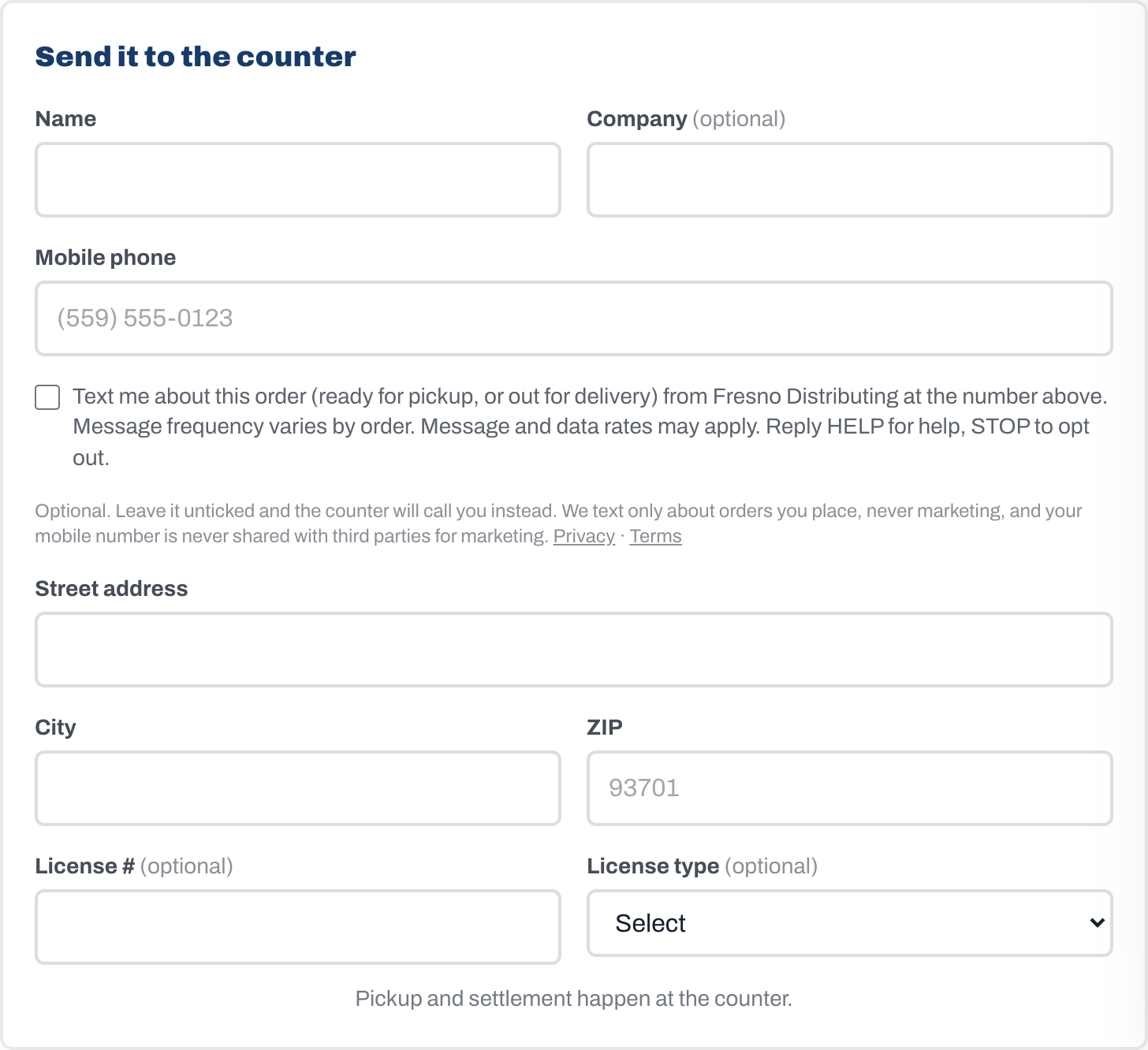 The will-call submit form: name, company, and mobile phone fields, with an unchecked optional checkbox directly under the phone field reading Text me about this order, carrying message frequency, rate, STOP and HELP language
