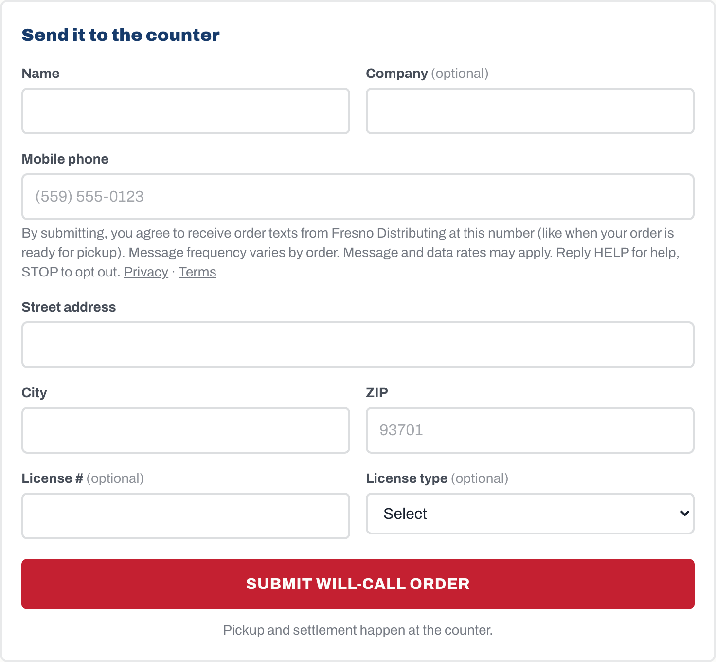 The will-call submit form: name, company, and mobile phone fields with the consent disclosure with STOP, HELP, and rate language directly under the phone field